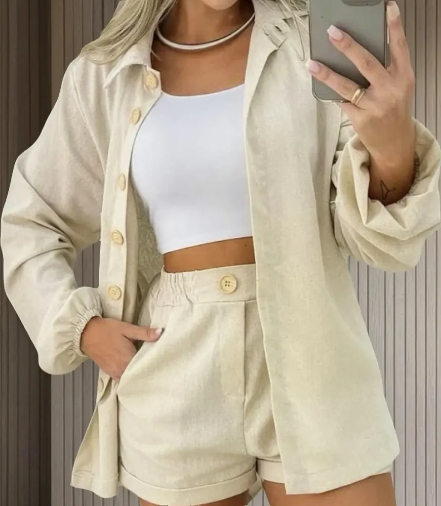 Conjunto Feminino Camisa e Short Toque de Linho