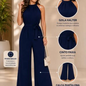 Macacão Longo Sofisticado Básico C Bolso Ajustável Pantalona