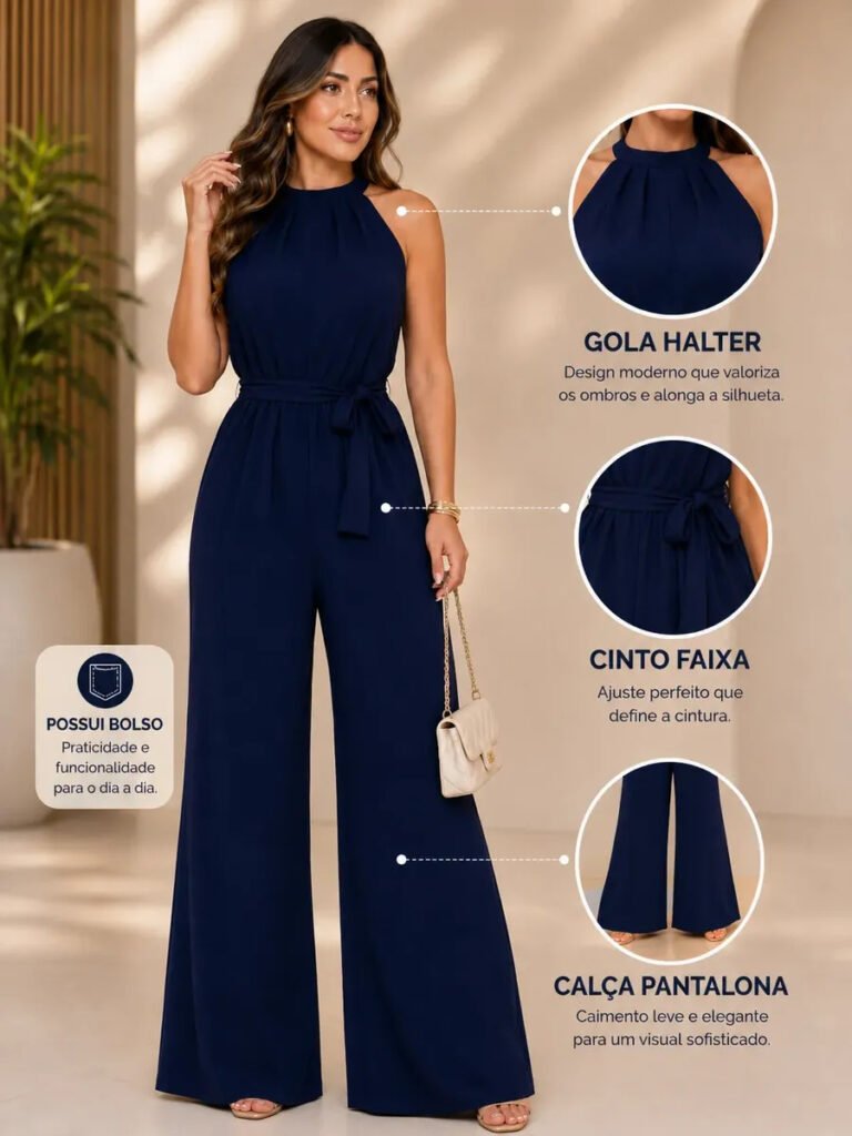 Macacão Longo Sofisticado Básico C Bolso Ajustável Pantalona